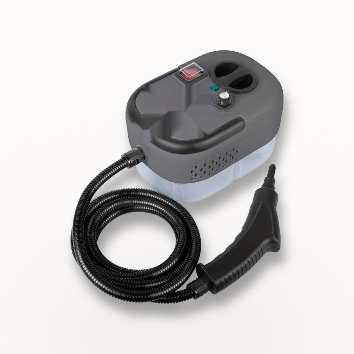 Meriklo steam cleaner in Graphite with its hose and trigger gun, on white