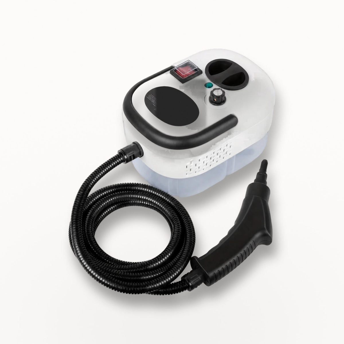 Meriklo steam cleaner in White with its hose and trigger gun, on white