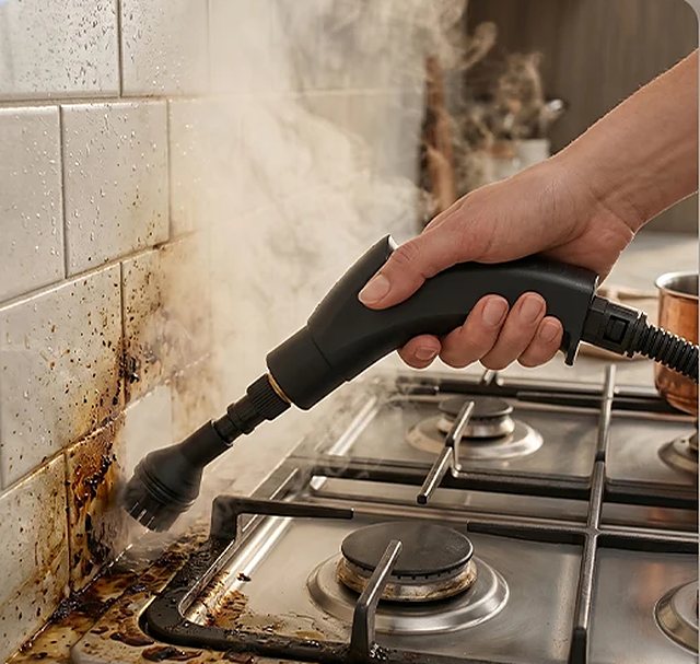 Round nylon brush on the steam gun at a gas stovetop