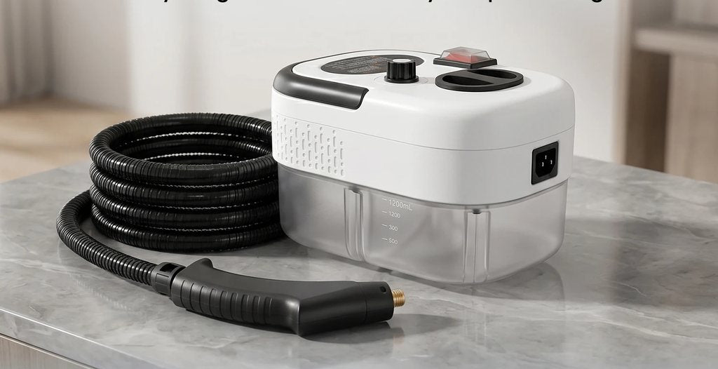Meriklo steam cleaner in White on a kitchen counter with the coiled hose and steam gun